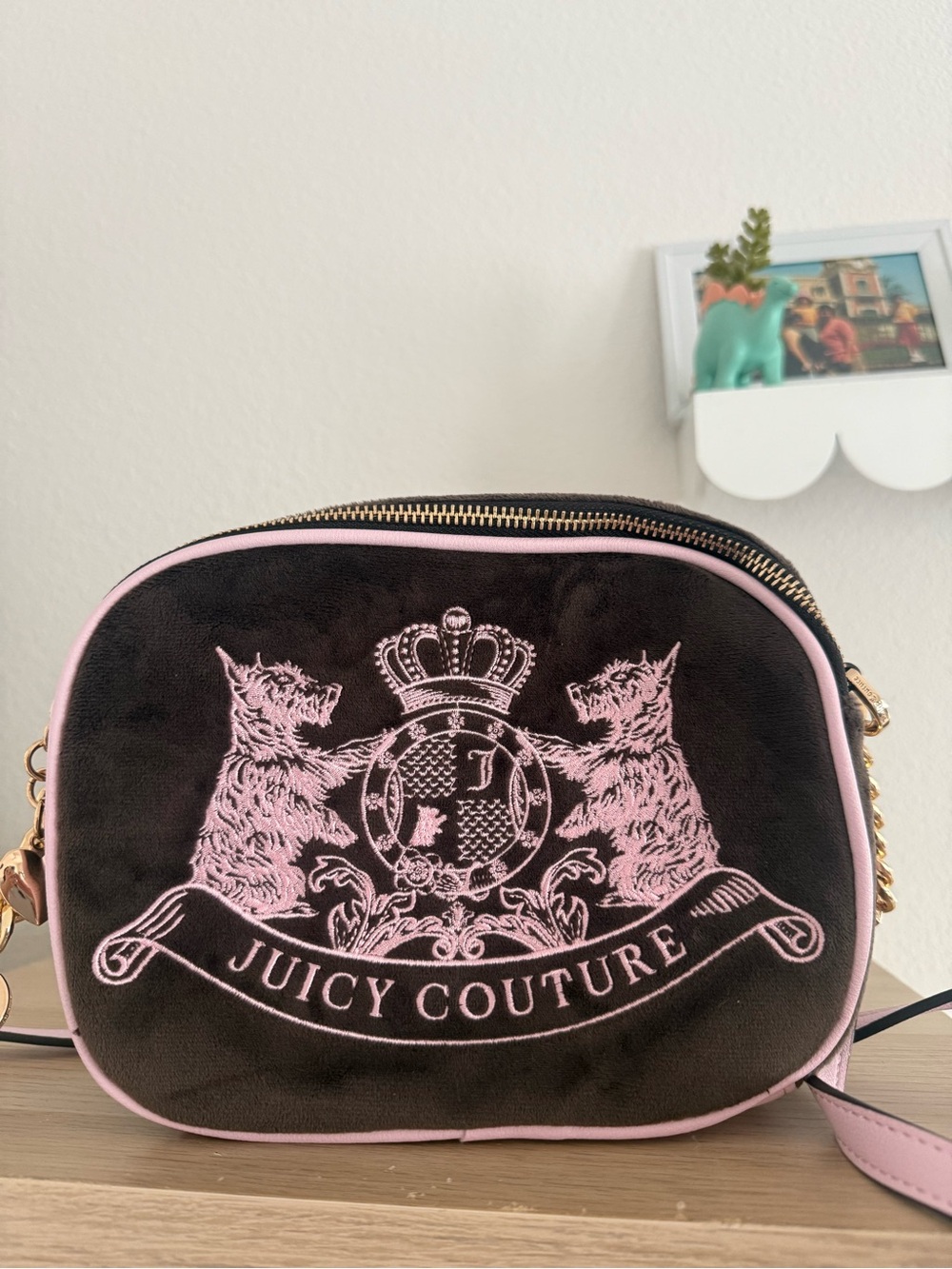 Juicy Couture Brown Velvet like Crossbody with Pink Embroidered Crest